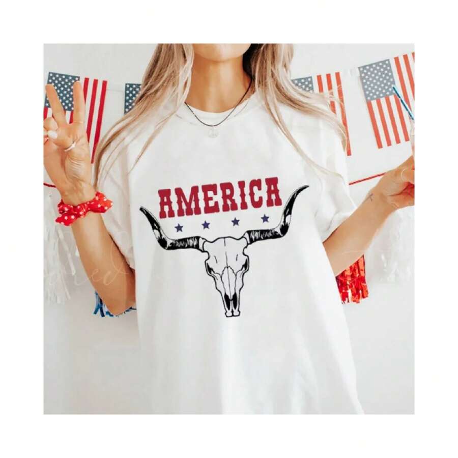 Cowgirl American Flag Guitar 4th Of July Guitarist USA Print T Shirt Women Cotton T-Shirt Summer Loose Y2K Couple Hip Hop Top