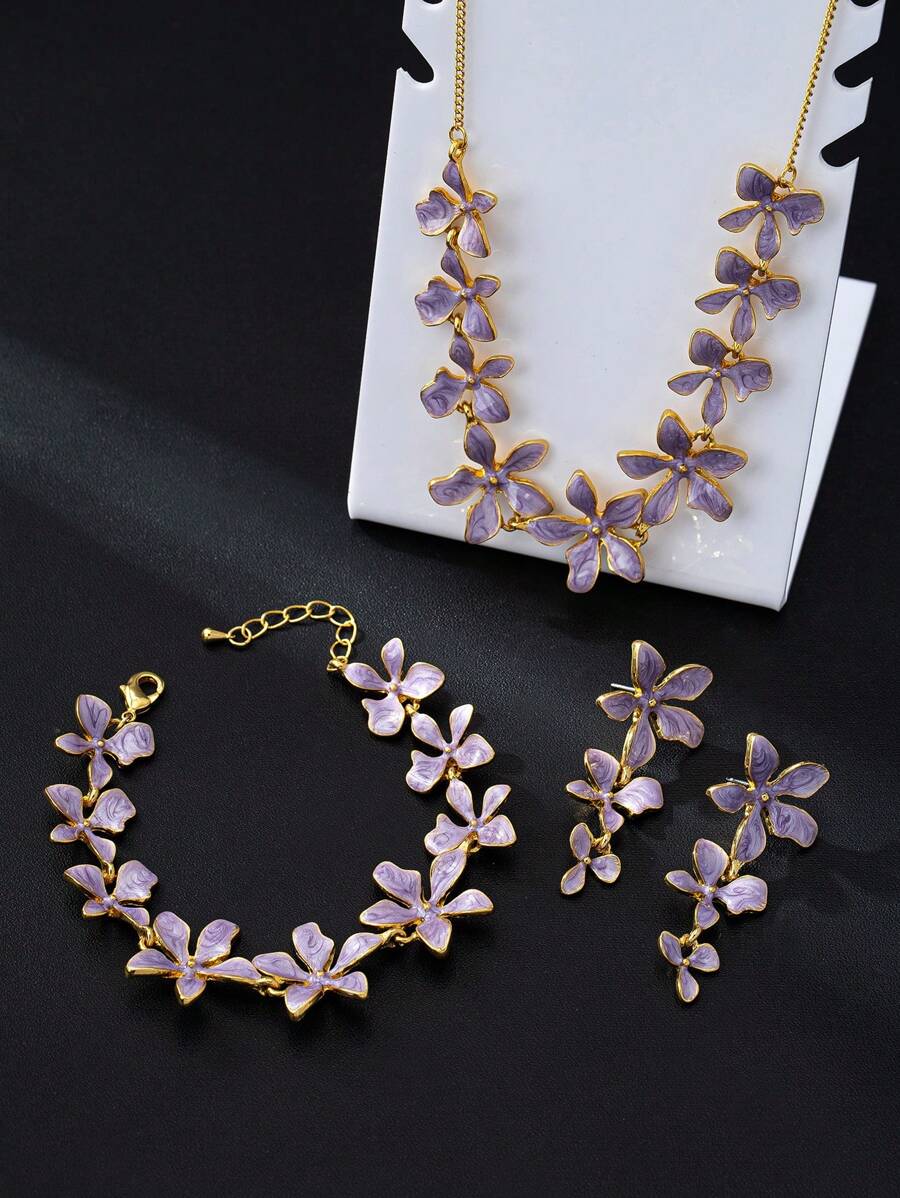 4 Stücke/Set Vintage-Blumen Patchwork Armband, Halskette, Ohrringe Schmuckset, luxuriöse Qualität, eleganter und romantischer Stil für Abendkleider