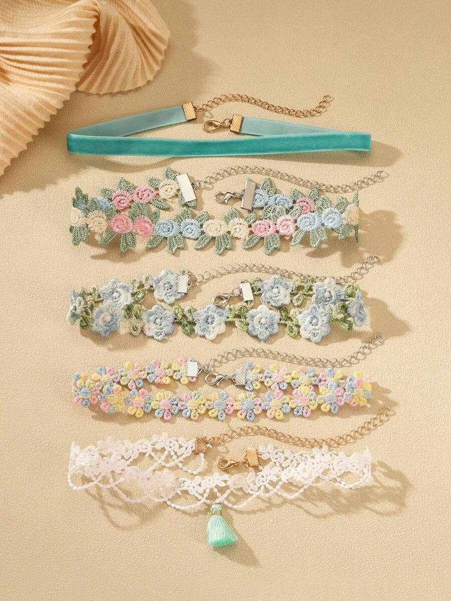 5 pièces Ensemble de colliers ras-du-cou à fleurs romantiques - Colliers ras-du-cou à fleurs crochetées et en dentelle - Cadeau de bijoux élégants pour femmes pour l'anniversaire, l'anniversaire de mariage