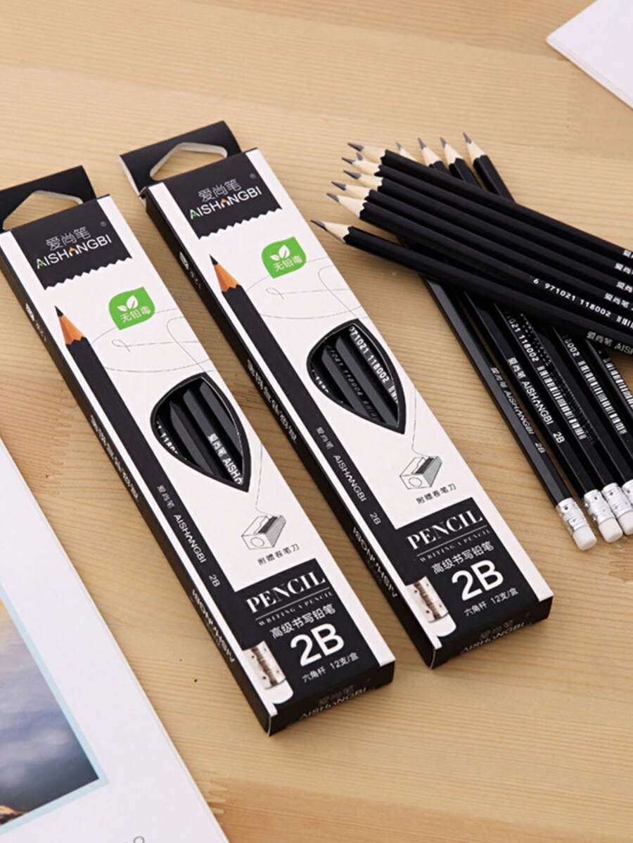 12pcs Black 2B Pencils With Erasers + 1pc Sharpener, Student Learning & Exam Stationery Pencil Set Back To School