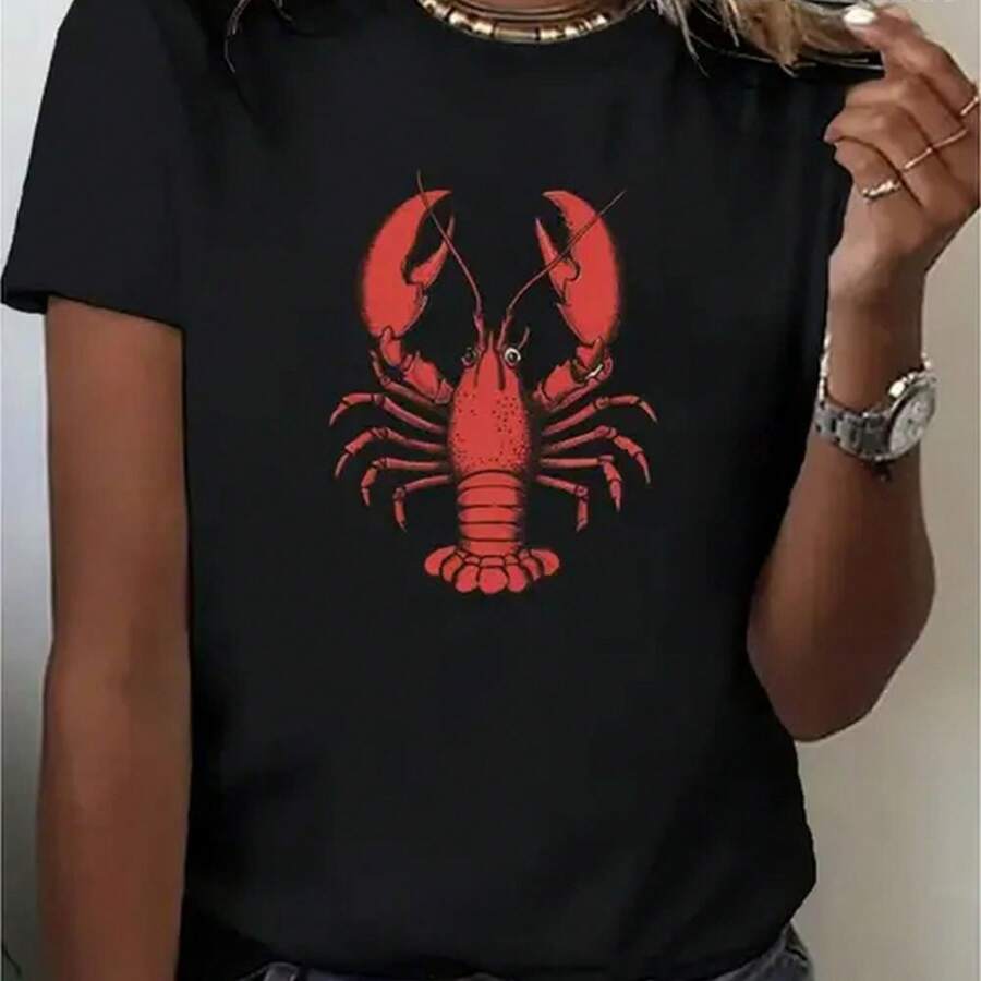 Womens Retro Lobster Graphic T Shirt Short Sleeve Crew Neck Loose Fit Casual Summer Tee Black With Vibrant Print Lightweight Breathable Fabric Breathable Clothing Lobster Motif