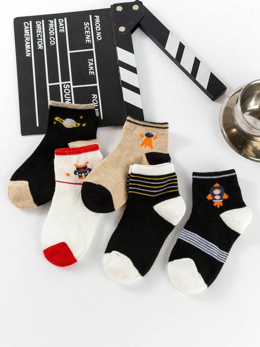 5 Pairs Kids Socks, Cute Baby & Toddler Short Socks, Popular Sports & Floor Socks, Rocket & Robot Print, Suitable For Boys, All Seasons