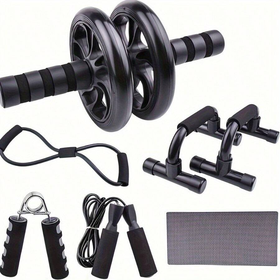 Multi-Power Training Equipment, Including 1 Abdominal Wheel, 2 Push Hands, 1 Grip Booster, 1 Type 8 Tension Rope, 1 Jump Rope, And 1 Kneeling Pad, With No Additional Purchase Required For The Complete Set.