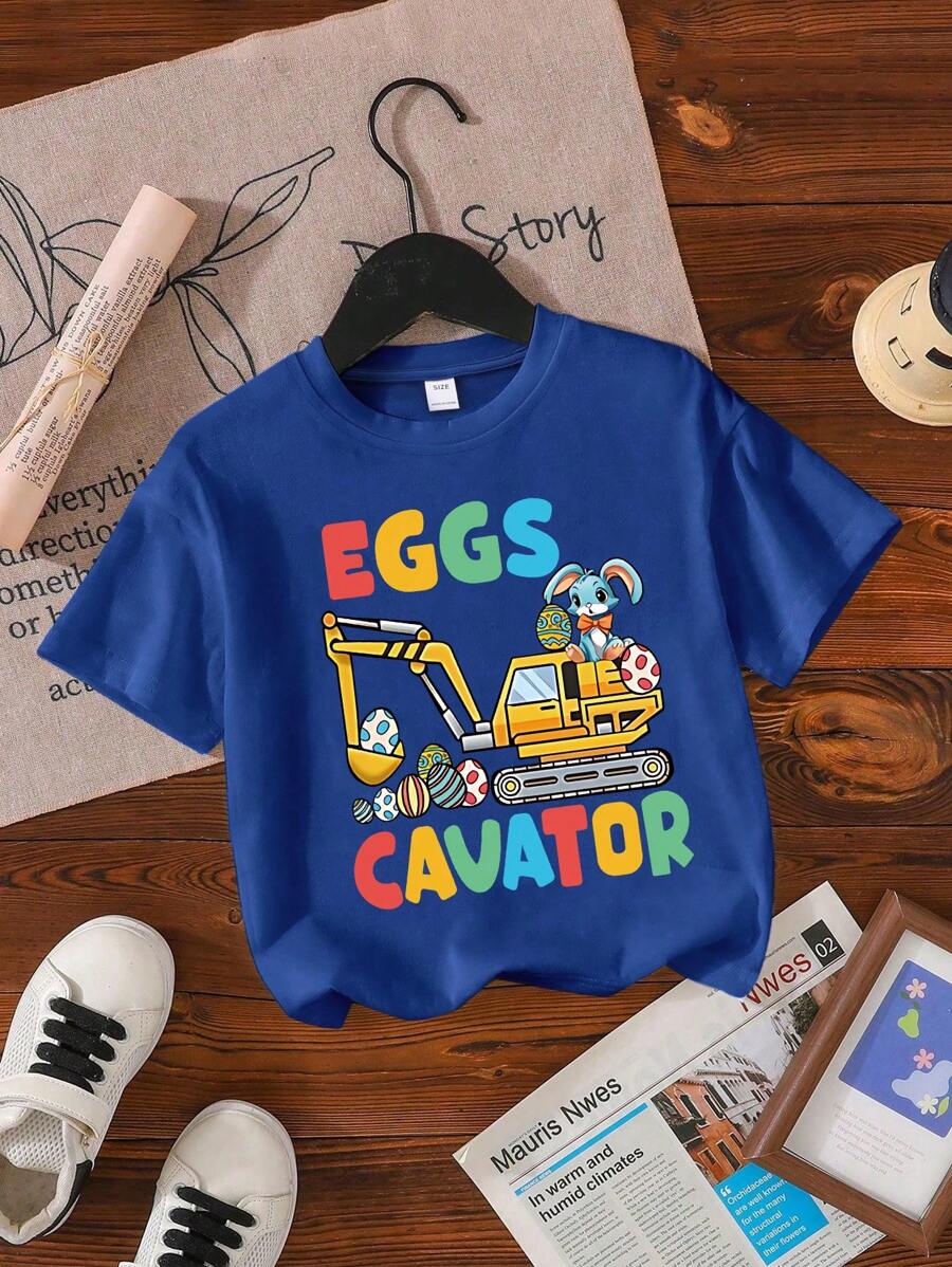 Tricou cu mânecă scurtă cu imprimeu de desene animate HAPPY PASTER pentru băiat tânăr, tricou casual de primăvară și vară pentru copii