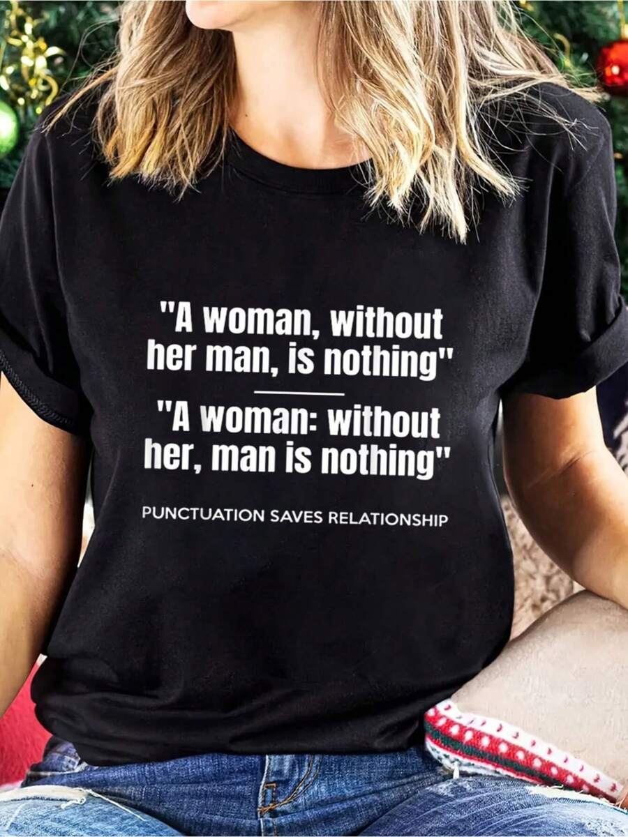 100% Cotton Funny Punctuation Saves Relationship - Women And- Gift Women T Shirt, Short Sleeve Round Neck Casual Top For Summer & Spring, Women's Clothing