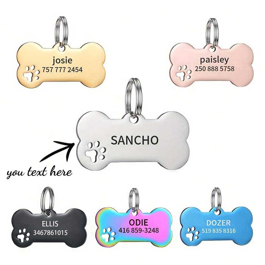 A Personalized Engraved Dog ID Tag, Custom Engraved Dog Bone Shape Name Tag For Puppy Medium Puppy With Phone Number, Custom Engraved Metal Dog Tag - Personalized Bone Shape Pet ID Tag For Home And Outdoors, Classic Style, Wall Mounted, Home Sculpture Wall Decor