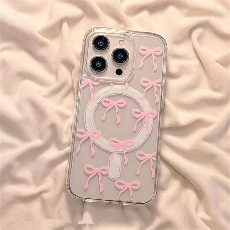 A Phone Case Suitable For IPhone 16 15 14 13 12 11 Pro Max Featuring A Pink Bow Design And Supporting Wireless Charging It Is Made Of Acrylic Material