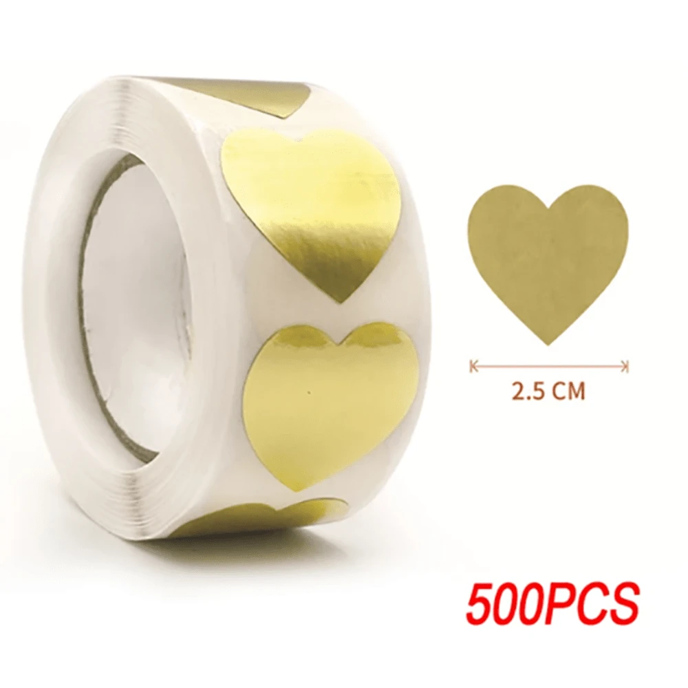 500 pièces/rouleau Étiquettes adhésives en forme de cœur vierges de couleur dorée