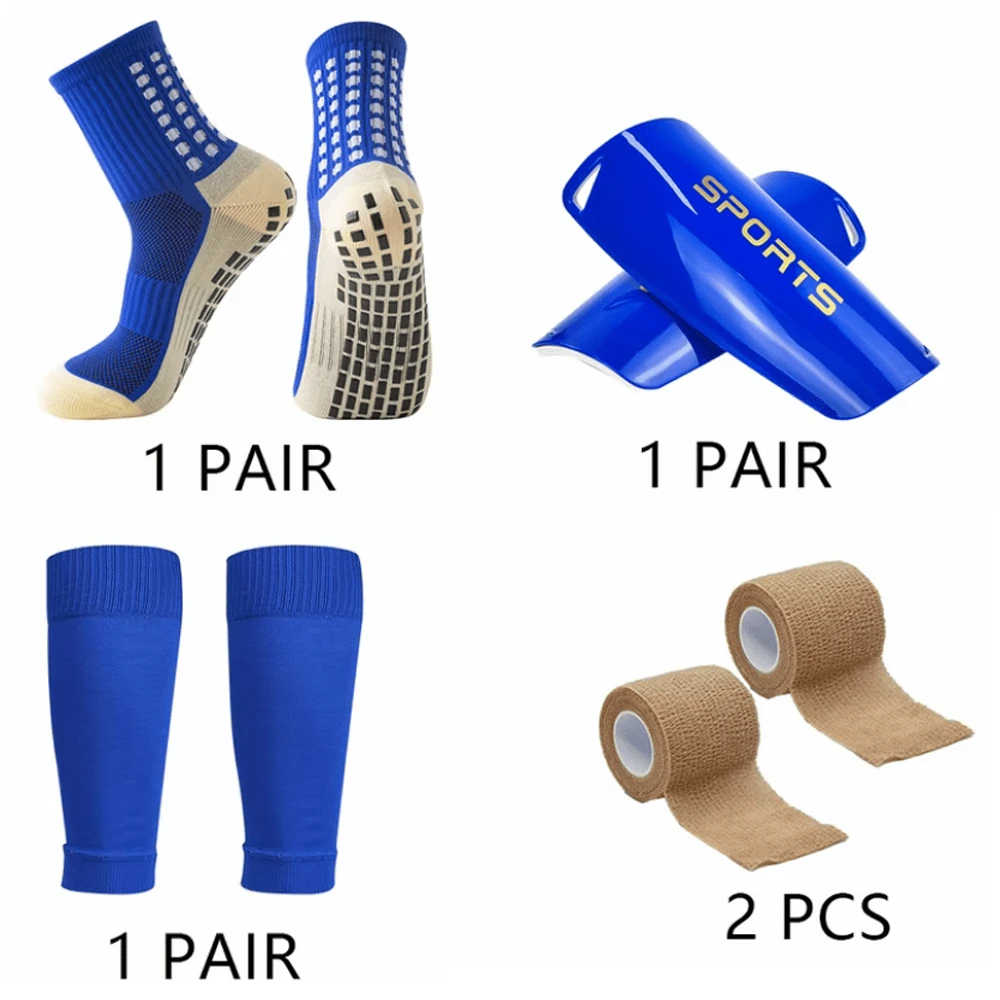 4 pezzi Set sportivo da calcio professionale, incluso 1 paio di calzini sportivi antiscivolo, 1 paio di parastinchi, 1 paio di gambali lavorati a maglia, 1 paio di bende sportive, per palestra