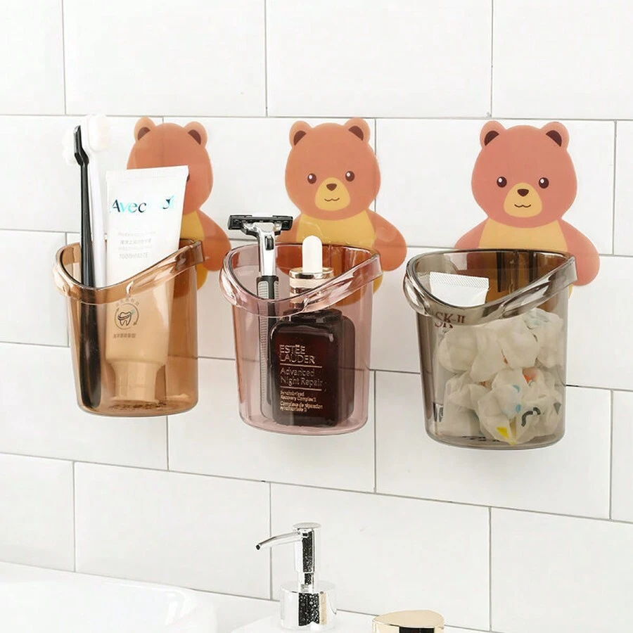 1pc Cartoon Bear Bathroom Organizer Rack, No-Drill Toothbrush Toothpaste Holder Wall Shelf