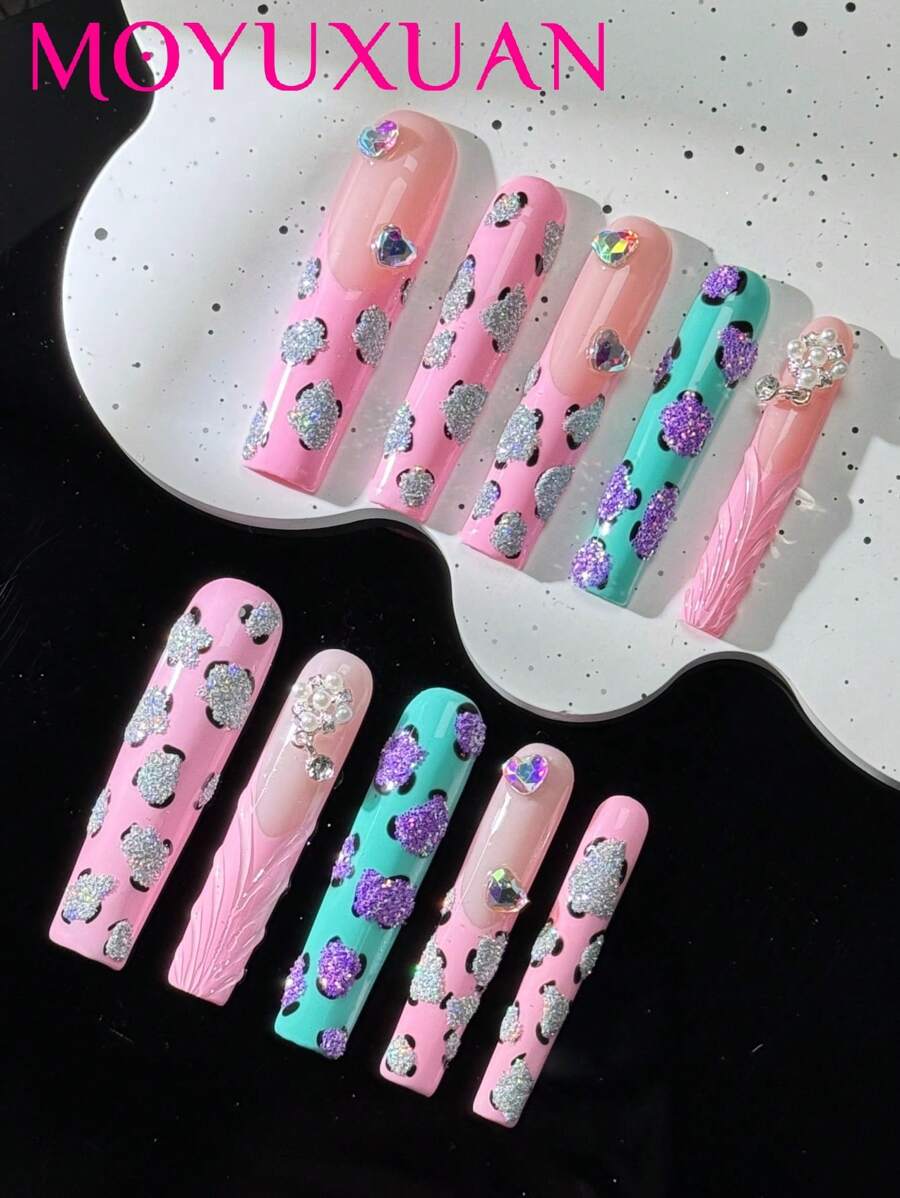 10 Pcs Of Handmade Nail Set, Super Rectangular Pink Coffin Shape, Classic French, Alloy Faux Pearl Accessories, Sexy And Cute, Suitable For Women, Girls' Parties, Travel, Festivals, Gift For Friends Diy Nail Art Set, Reusable.