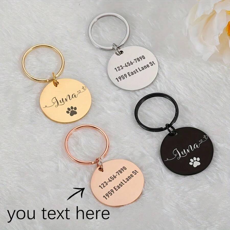 Personalized Pet ID Tag, Round Pet Collar Accessory, Custom Engraved Name Plate, Adorable Animal Pattern Print, Premium Material, Suitable For Cats And Dogs