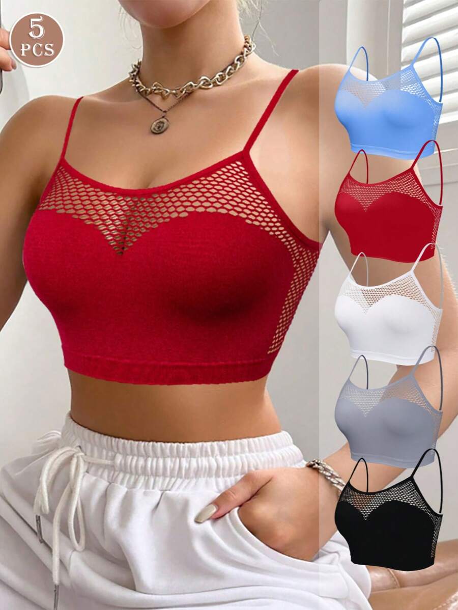5 pièces/Paquet Soutien-gorge sexy en maille respirante et de soutien pour femmes, multicolore