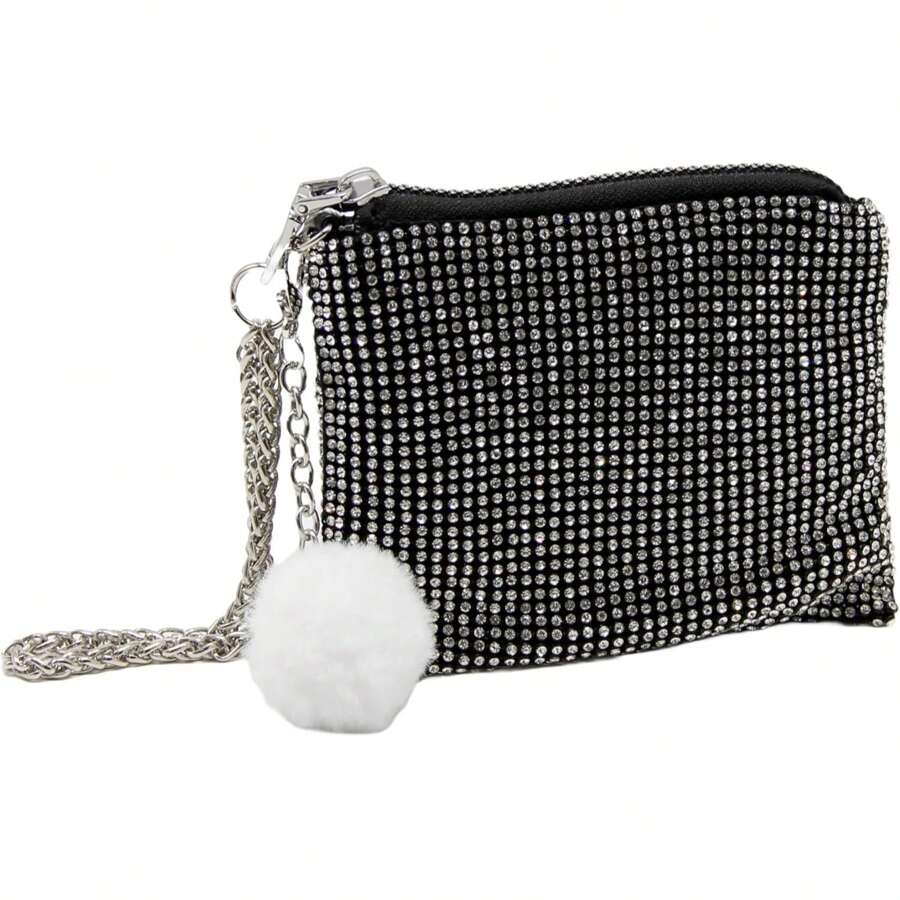 Porta-moedas pequeno com zíper para mulheres com alça de pulso | Carteira feminina elegante com strass, adequada para uso como uma pequena bolsa de mão | Porta-moedas pequeno para mulheres, 11,5 x 9 x 1,5 cm