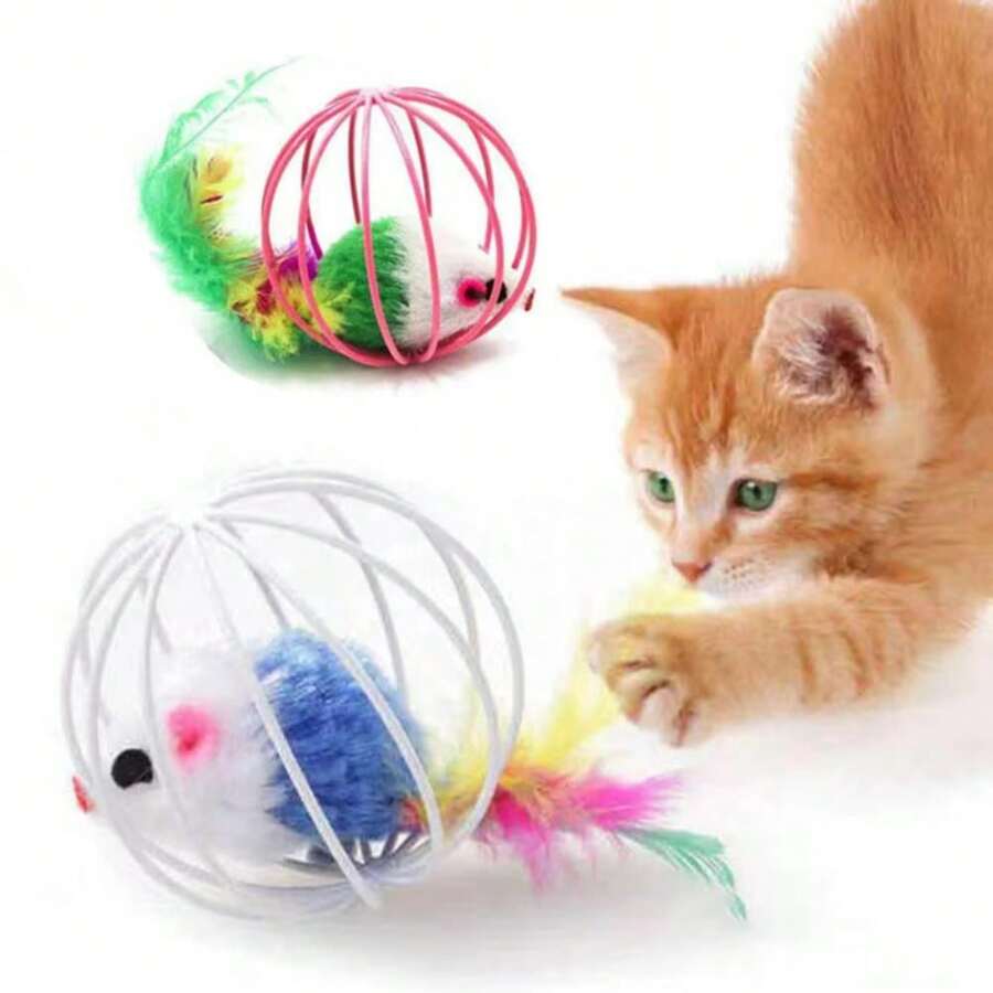 2PCS Cage Mouse Happy Cat Toy Plush Simulated Color Mouse Happy Cat Ball Happy Cat Happy Pet Supplies Random Color