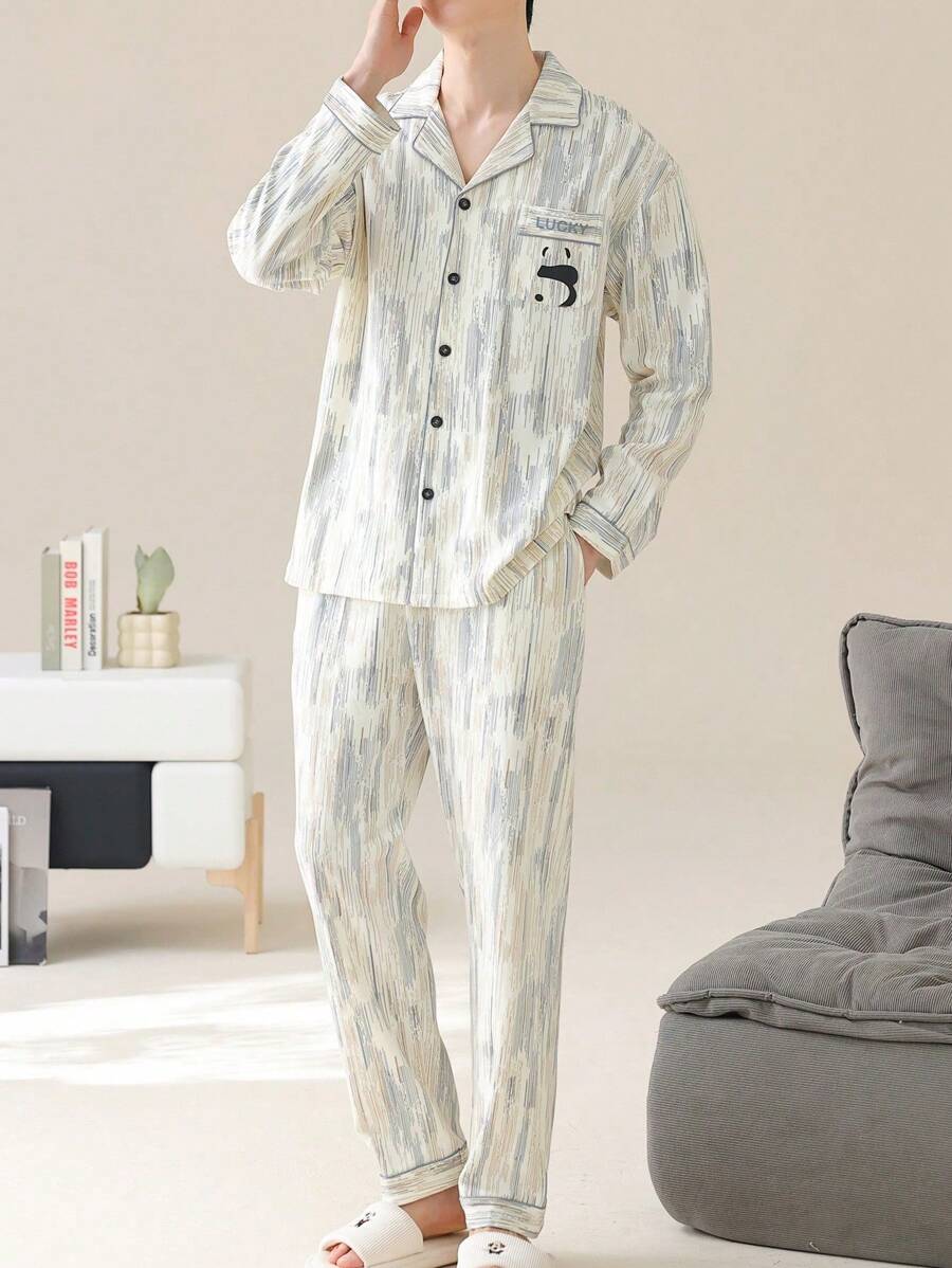 2 piezas Conjunto de pijama de manga larga para hombre para primavera y otoño, conjunto de dos piezas de cardigan con cuello con propiedades de humedad, ideal para vacaciones