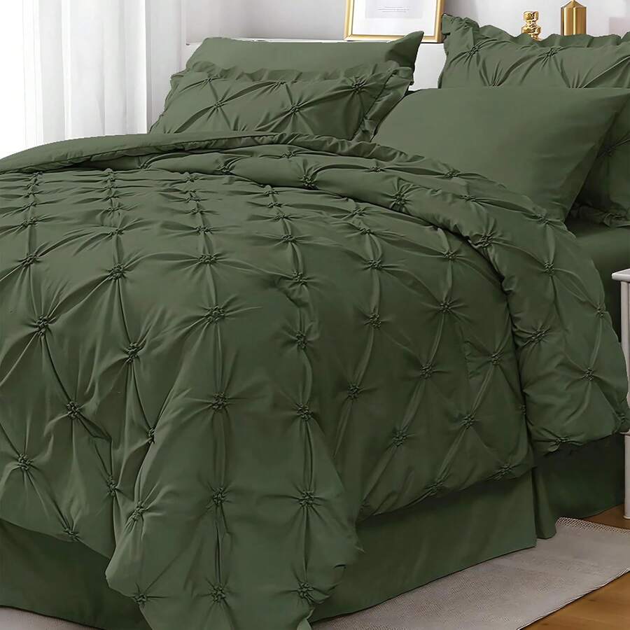 JOLLYVOGUE Comforter Set, 7 Pieces Pintuck Comforters Queen Size, Bed In A Bag Queen Comforter For Bedroom, Bedding Comforter Sets With Comforter, Sheets, Ruffled Shams & Pillowcases