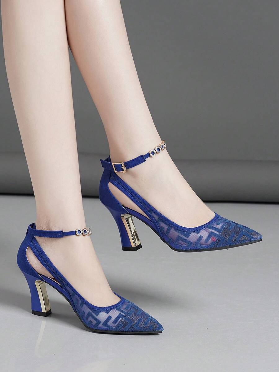 Women Chunky Heel Slingback Pumps, Mesh Fabric, Rhinestone Decor, Peep Toe