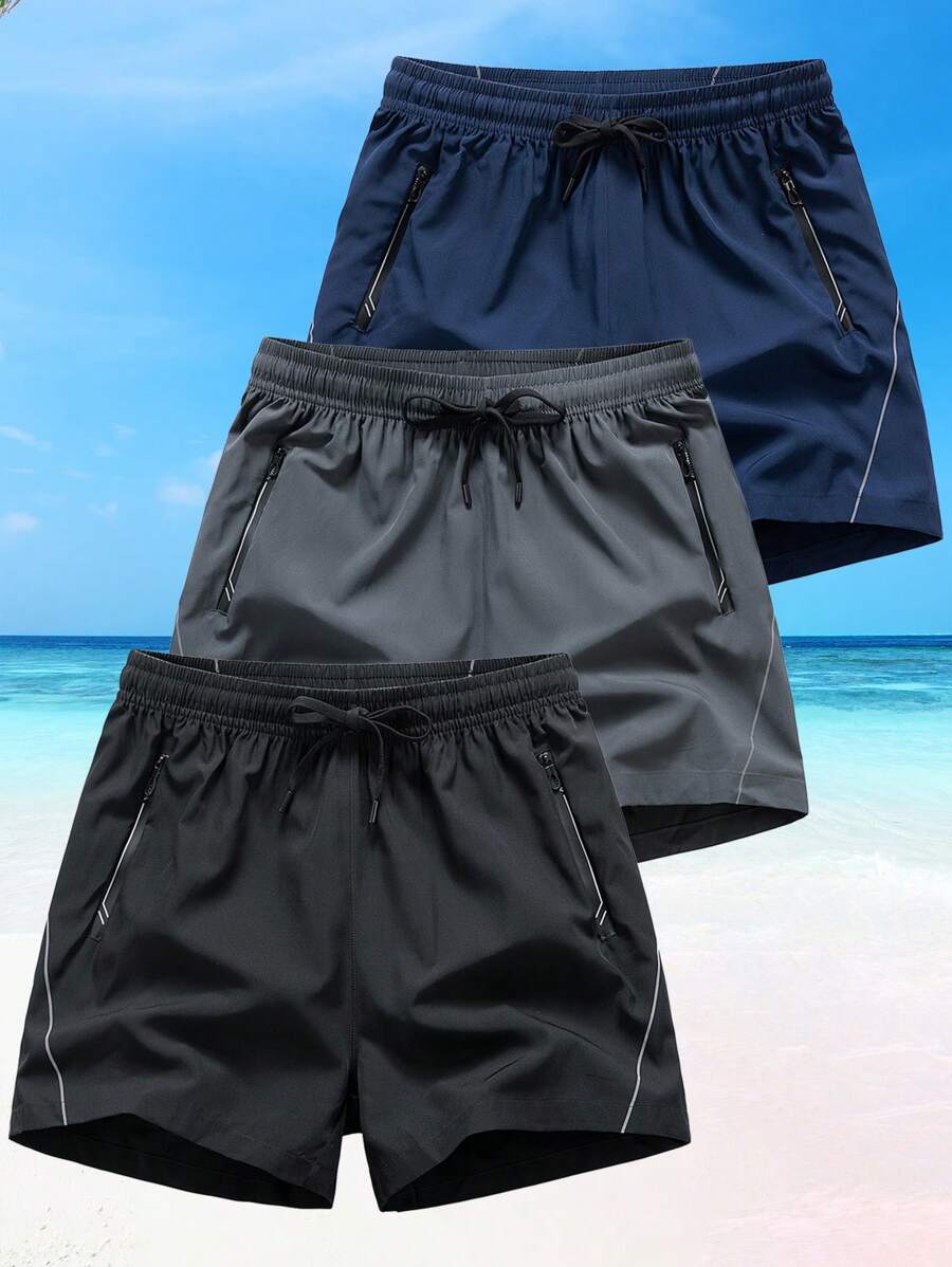 3pcs/Set Men's Sports Shorts, Summer Running Exercise Casual Beach Shorts With Striped Printing