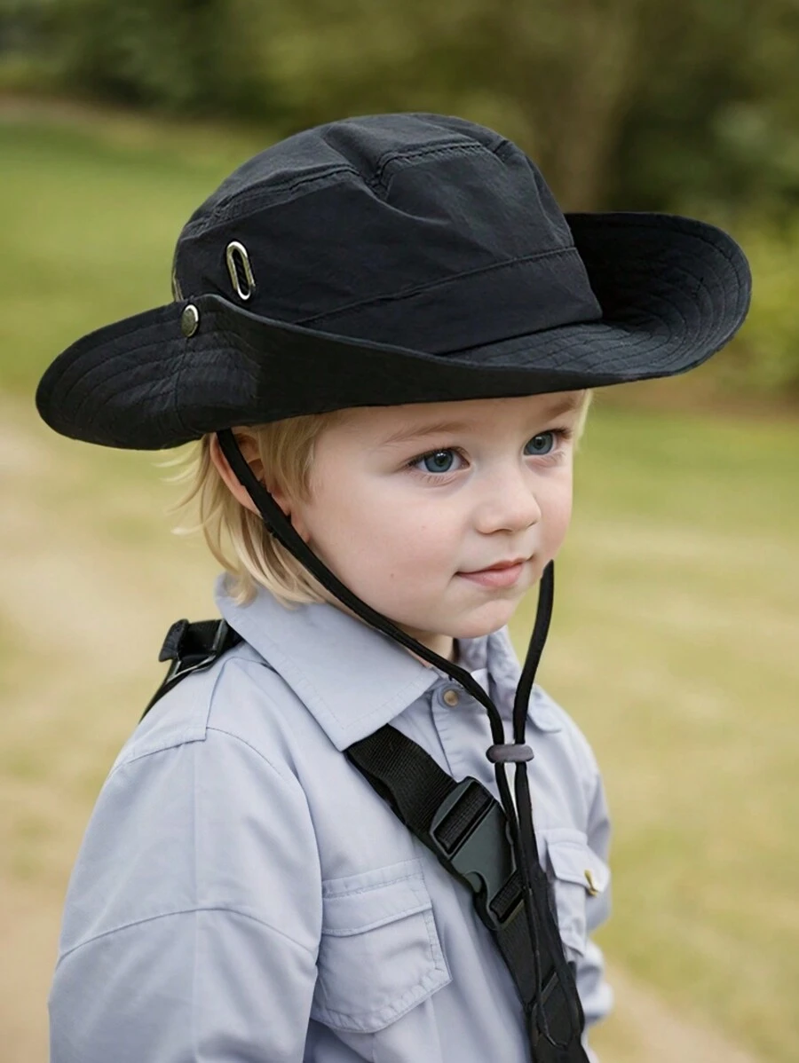 1pc Embroidered Black Toddler Quick-Dry Fabric Unisex Bucket Hat, Sun Protection Cap, Outdoor Sports, Adjustable Drawstring, Foldable Wide Brim Sun Hat, Random Color