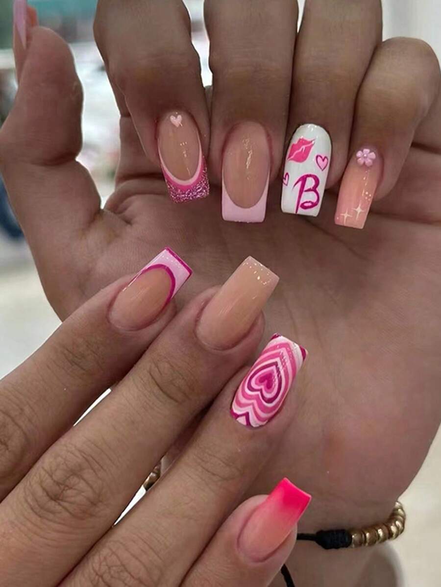24pcs French Tips Pink Heart-Shaped Medium-Long Oval Fake Nails Suitable For Dating, Includes 1 Nail File & 1 Nail Glue Press On Nails