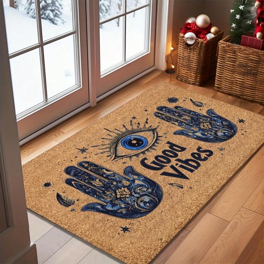 1pc 16"*24" 18"*30" Evil Eye Welcome Mat - Non-Slip, Hand Washable, Stain-Resistant, Rectangular Doormat With Rubber Backing, "GOOD VIBES" Design, Indoor/Outdoor Use, Ideal For Home Decor, Home Entrance Decor|Decorative Doormat|Rubber Backed Mat