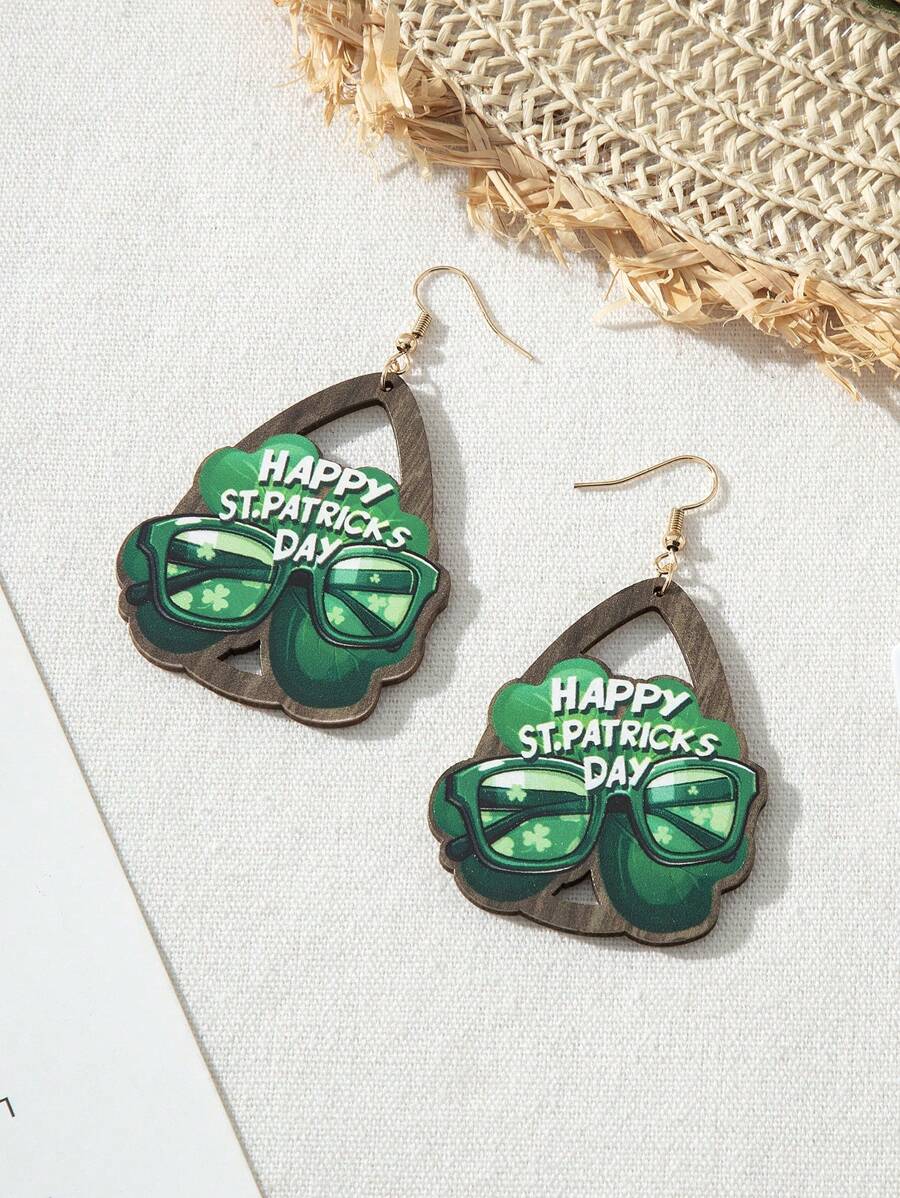 1 Pair New 2025 St. Patrick's Day Themed Four-Leaf Clover Glasses & Wooden Earrings, Holiday Event Accessories For Women