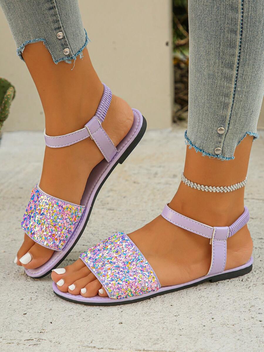 European & American Fashion Versatile Silver Color Rhinestone Decorated Strap Ankle Strap Women Flat Sandals, Casual Slip-On Comfortable Lightweight Summer