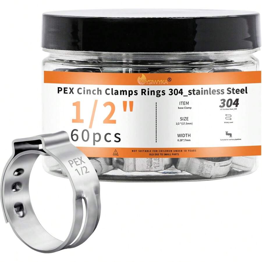60pcs 1/2 Inch PEX Cinch Clamps Rings, 304 Stainless Steel Single Ear Hose Clamps, Pex Crimp Rings For PEX Tubing Pipe Fitting Connections