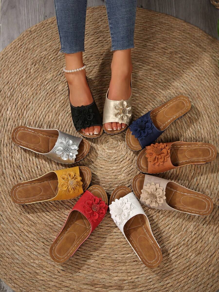 Women Comfortable Versatile Flower Decor Solid Color No-Pattern Open Toe Strap Flat Sandals, Sweet Casual For Daily/Home Wear, Spring/Summer, Available In Multiple Colors (Black, Gold, Blue, Brown, Yellow, Red, White, Etc.)