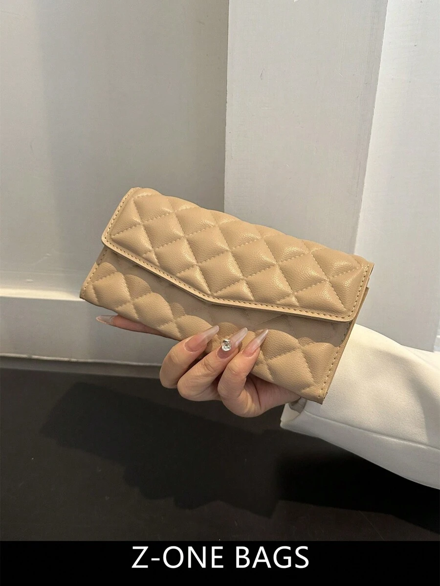 HELLO WEEKEND 1pc Mini Quilted PU Bifold With Flap Cover Fashionable & Compact Suitable For Daily Use And As Gift For Women Wallet Purse Wallet Long Wallet