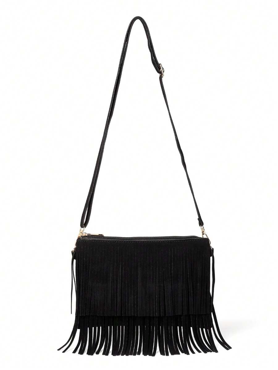 2025 Hot European And American Fashion Tassel Bolsa de Ombro Feminina Bolsa de Ombro Casual com Franja, Preto e Marrom