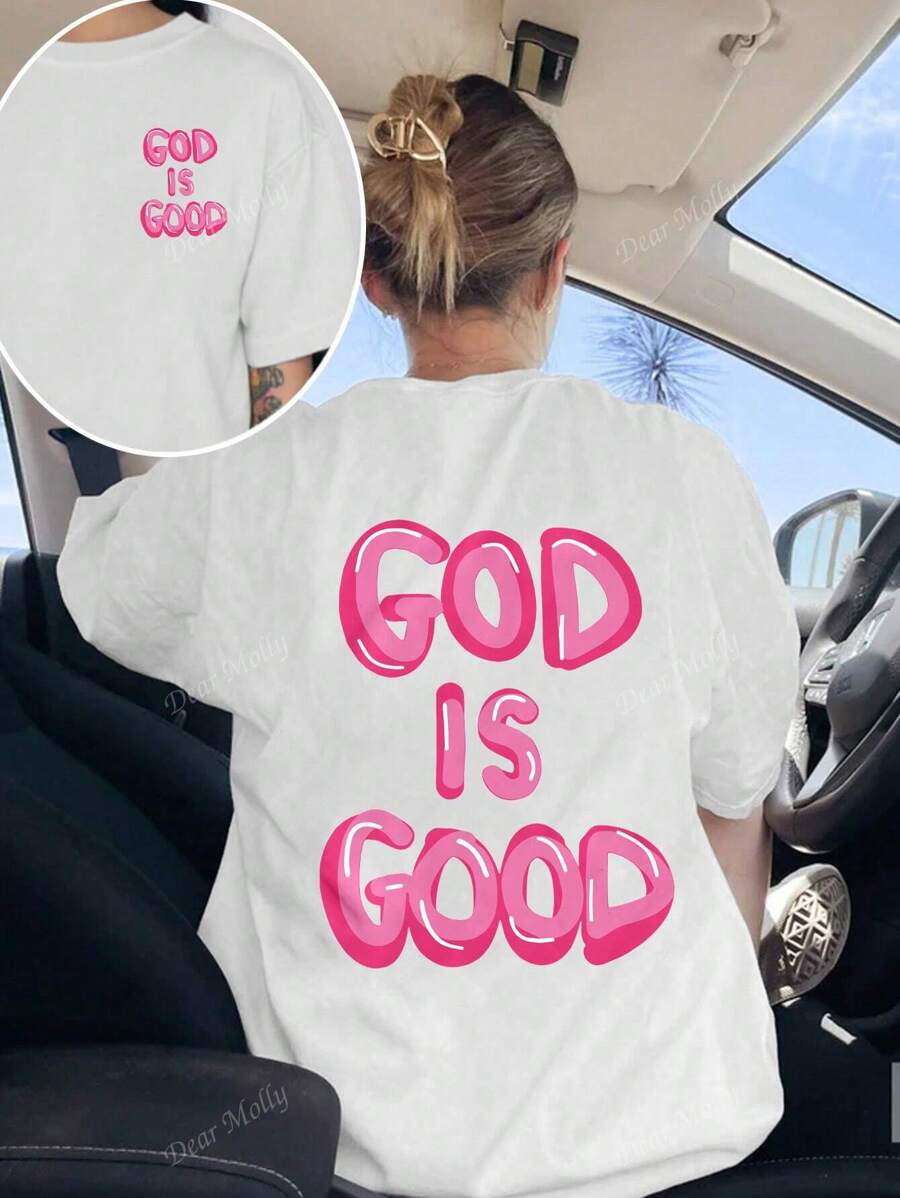 Camiseta de manga corta cuello redondo "Dios es bueno" para mujer cristiana, corte holgado informal y cómodo, impresión de letras rosas por ambos lados, prenda de moda minimalista