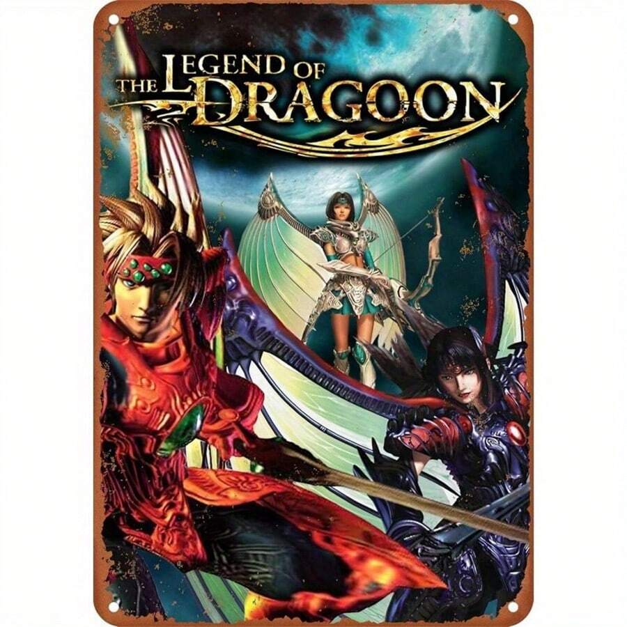 Señal de metal con grabado de folio del arte del juego Legend of the Dragoon, decoración mural impermeable para el hogar y la cafetería, con orificios perforados previamente para un colgado fácil, póster vintage coleccionable de 8x12 pulgadas