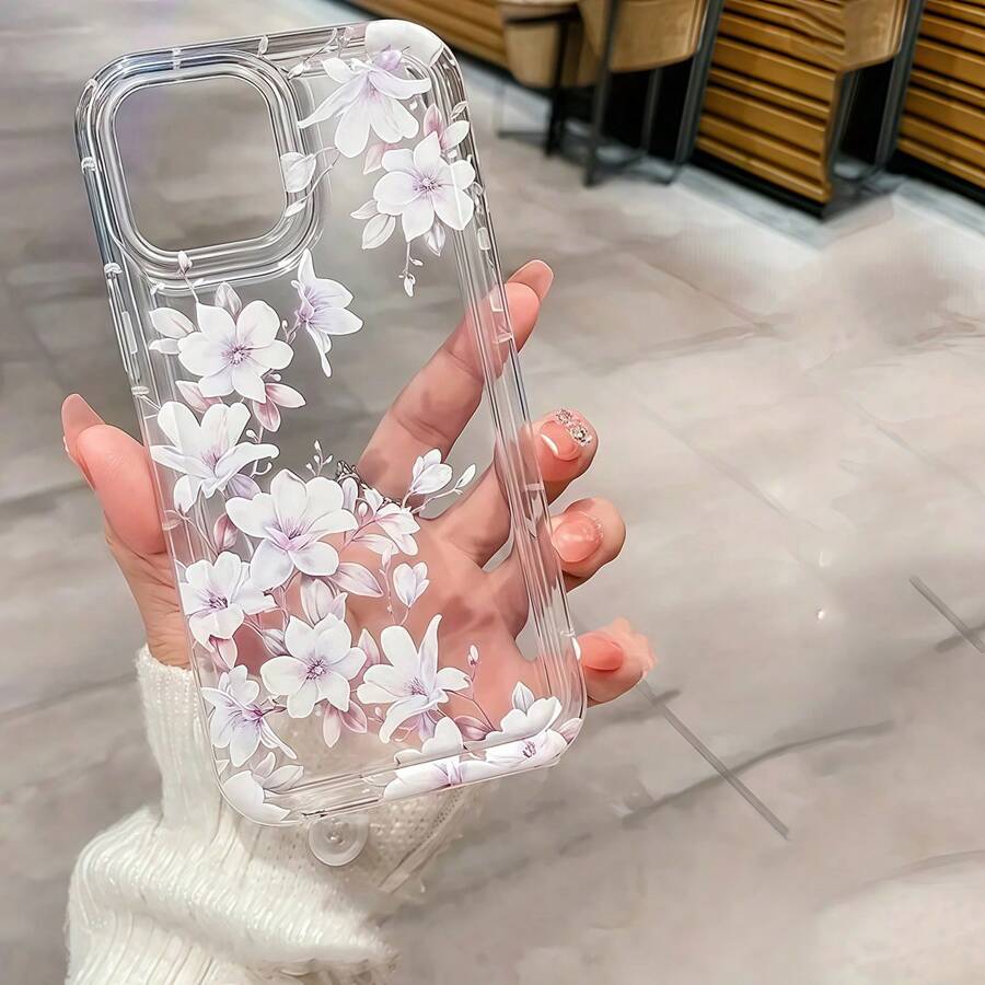 Lila Blumenmuster transparente Handyhülle mit Vollkanten, kompatibel mit iPhone 16 15 14 13 12 11 X Xs Xr Xsmax, Series - Vollständige Abdeckung mit modischem Blumenmotiv, elegant, präzise Aussparungen