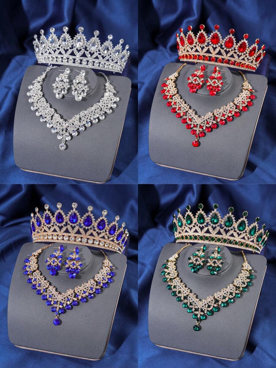 Set de 4 piezas de accesorios de pelo y corona de lujo con cristales para mujeres, incluye tiara, collar y decoraciones para el cabello de novia y boda embellecidos con rhinestones, ideal para bailes formales