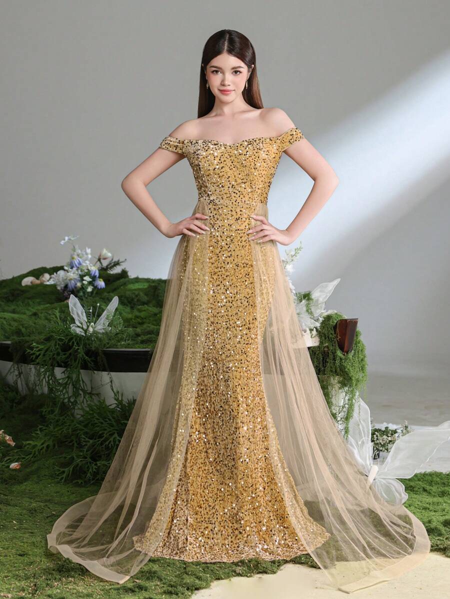 Rochie de seară luxoasă, model sirenă, cu paiete, decoltată, pentru adolescente, cu trenă lejeră din tul – Rochie formală