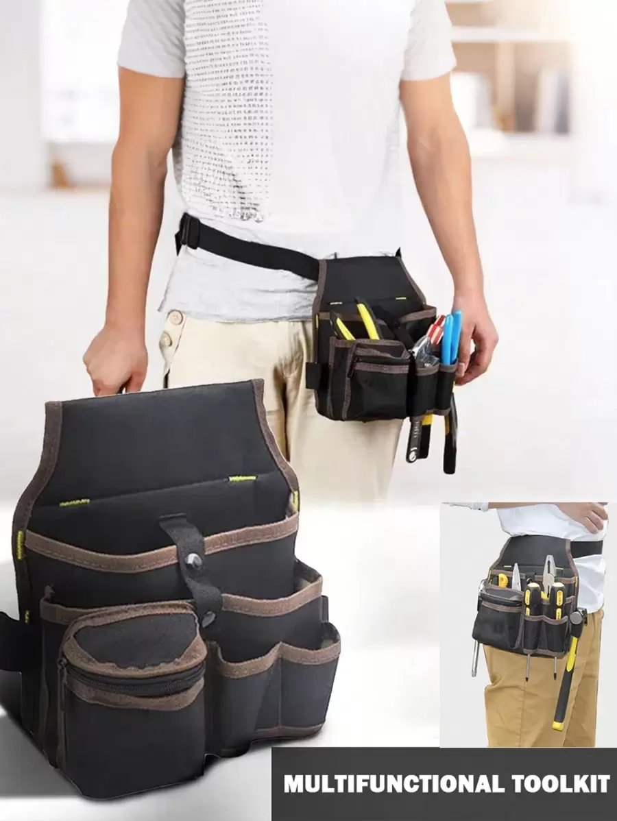 1PC Heavy-Duty Black Electrician Tool Pouch - Multifunctional Design With Waterproof Material, Adjustable Strap , And Comprehensive Handyman Toolkit - Stylish Waist Bag For Multi-Pocket Design For Seamless Storage & Easy Access Storage