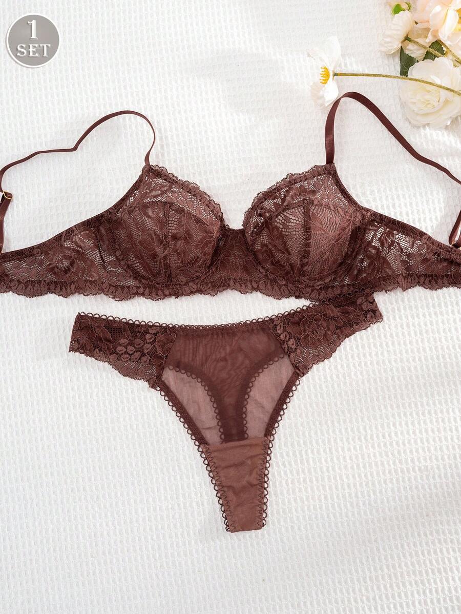1 Set Women Solid Color Lace Comfortable Underwear Lingerie Bra And Panty Set