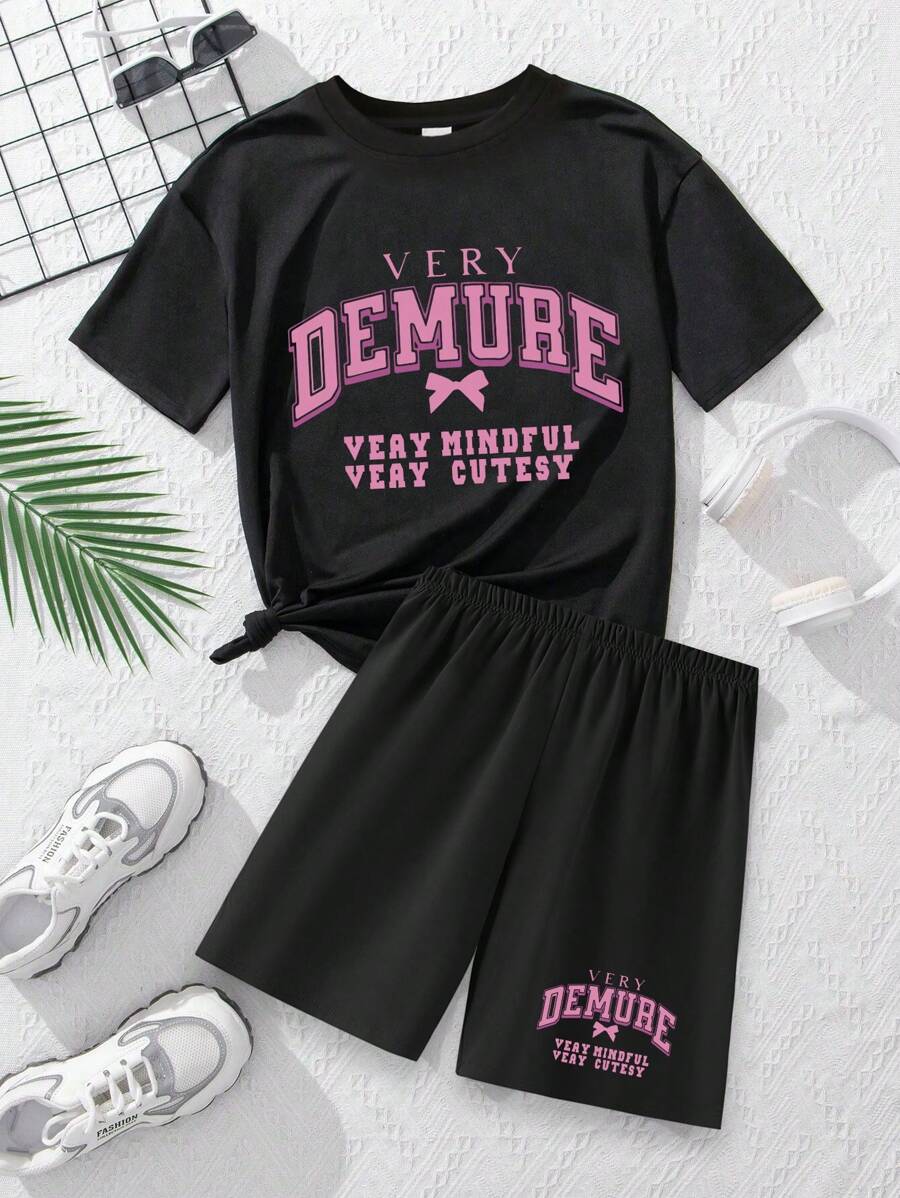 2PCS Young Girl Slogan Printe Shorts Outfit Set Summer Crew Neck T-Shirt & Shorts Soft Tee And Sport Shorts Set For Girl
