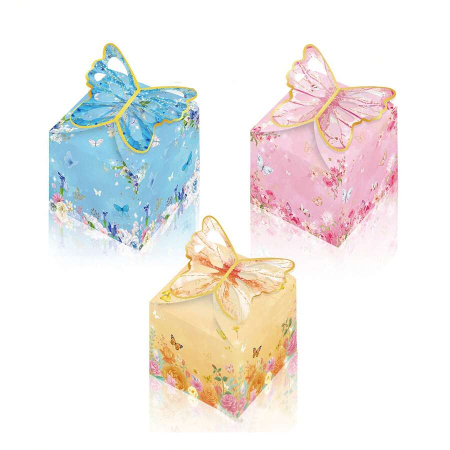 3pcs Butterfly Party Gift Box, Pink Purple Floral Gift Box Paper Butterfly Decoration Bridal Shower Wedding Anniversary Birthday Party