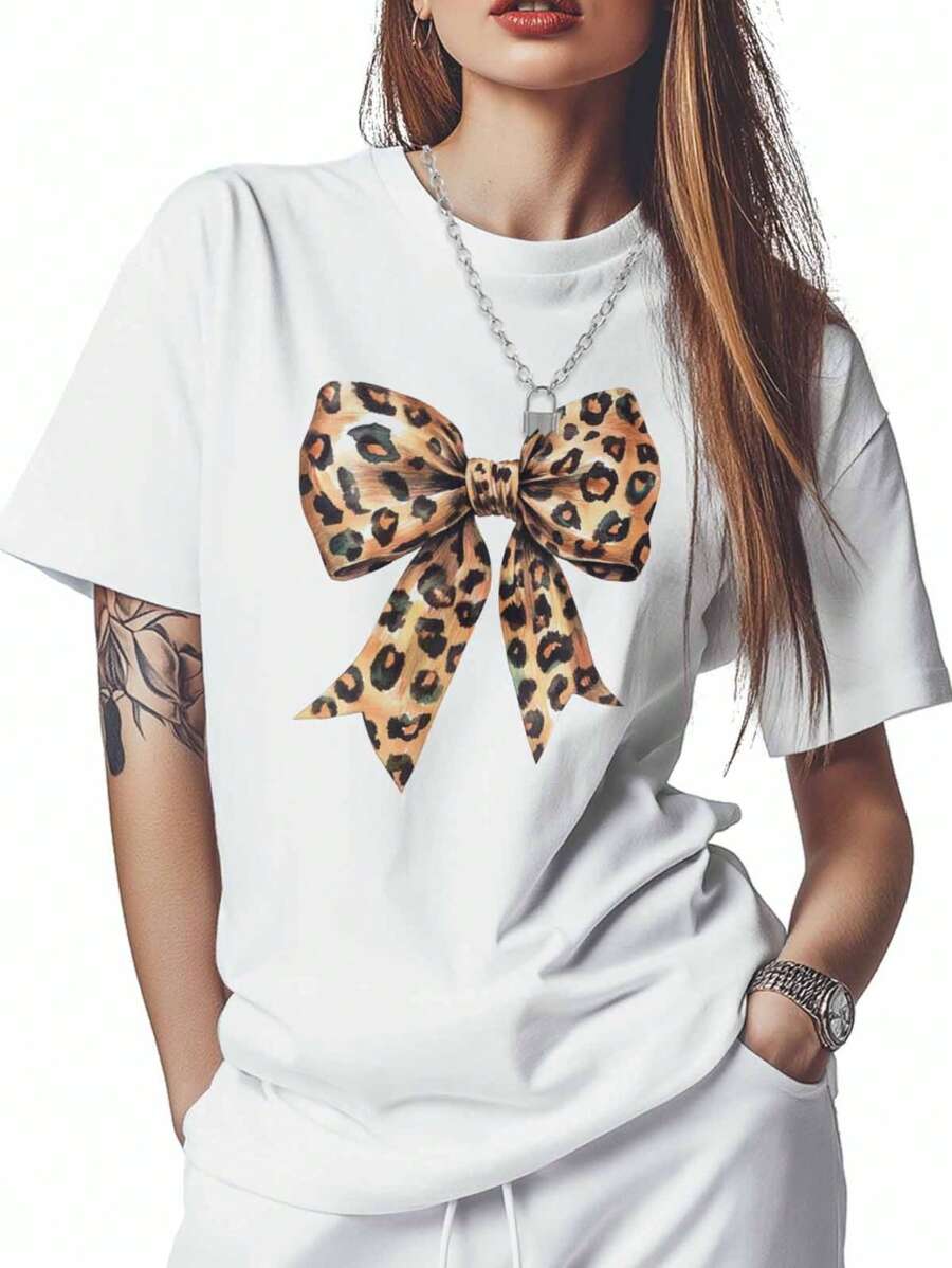 PAYEAH 1pcs 100% Cotton Watercolor Leopard Print Crew Neck T-Shirt - Soft, Breathable, Casual Short Sleeve Top For Spring And Summer - Women's Fun Fashion Clothing For Everyday Wear 220g Heavy Cotton T Shirt