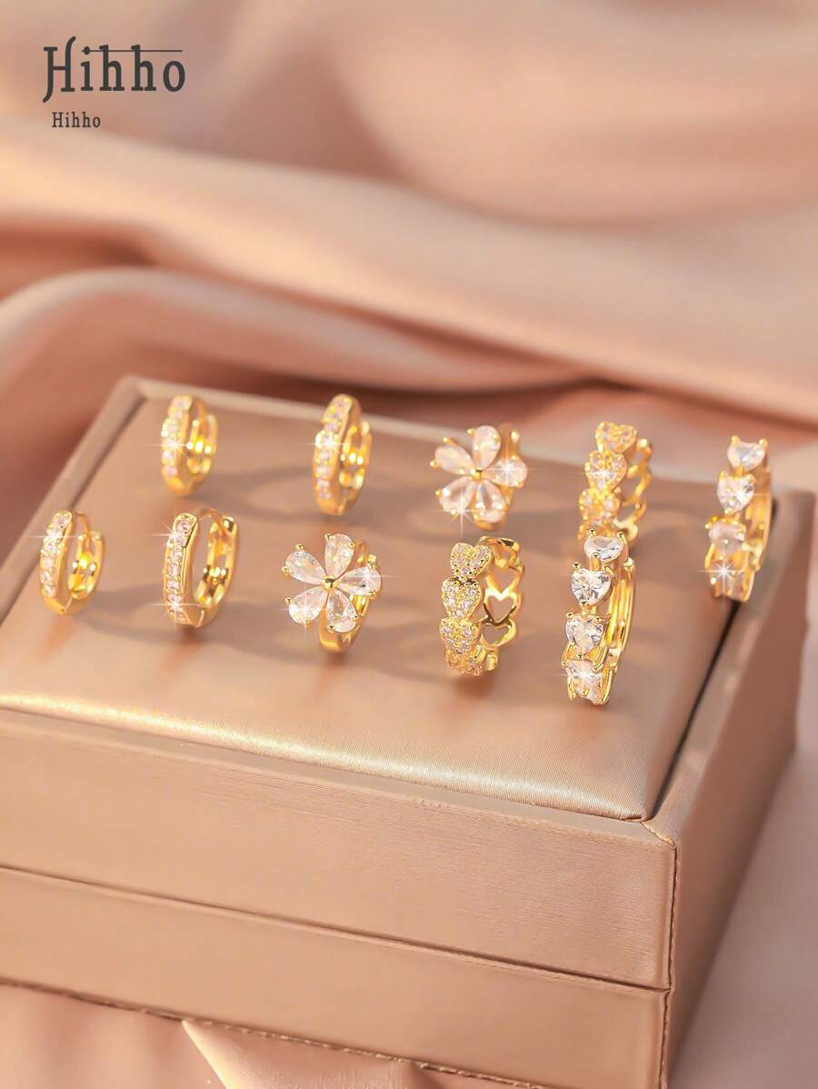 Hihho 10 pièces/set (avec boîte cadeau blanche élégante) Boucles d'oreilles simples en forme de cœur doré et de fleur, parfaites pour les tenues de tous les jours des filles et les cadeaux pour la Saint-Valentin