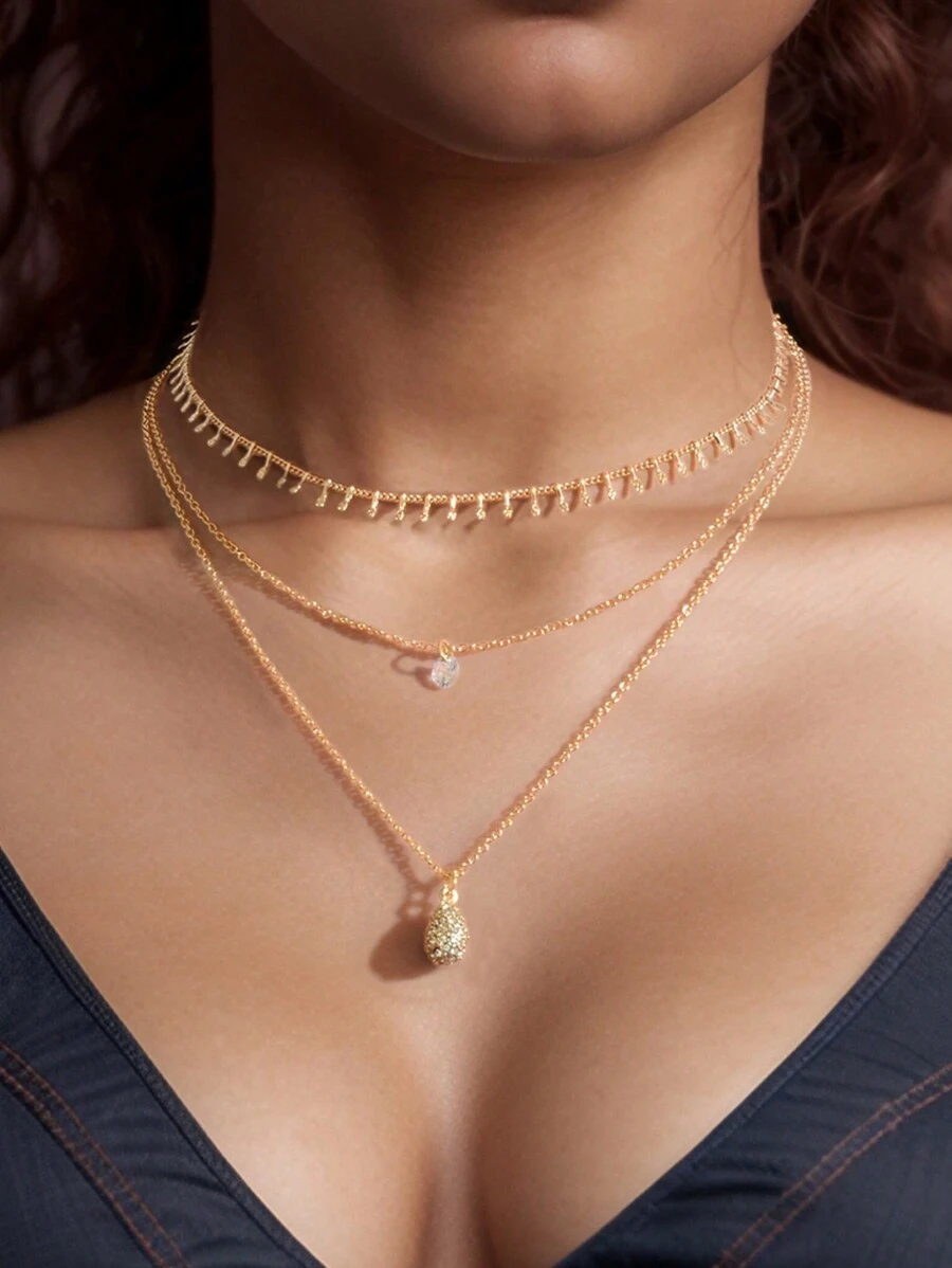 3 Stücke modische mehrschichtige Goldketten Wassertropfen Anhänger Halskette Schmuck Accessoires für Frauen bei geselligen Anlässen