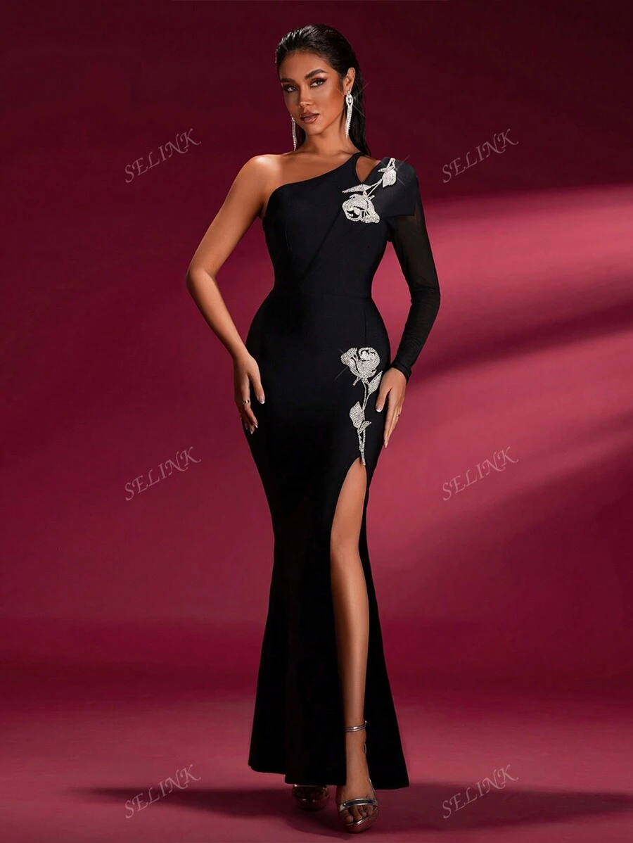 Robe longue asymétrique à col fleuri, robe de soirée élégante, robe d'invitée de mariage, robe de cérémonie