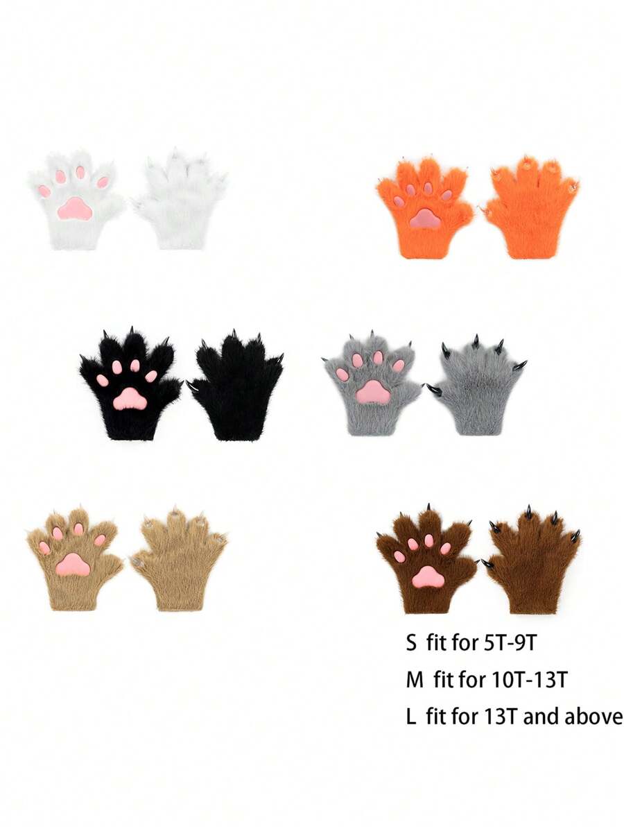 Furry Fur Cat Wolf Fox Dog Fluffy Animal Paws Claws Gloves Mittens Hands Costume Cosplay For Kids Halloween