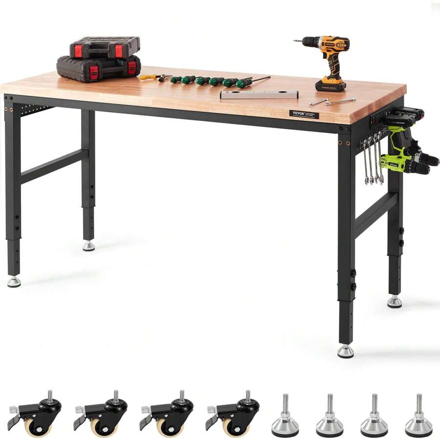 Ataucjin Adjustable Workbench, 60" L X 22" W, 28"-39.5" Heights, 2000 Lbs Load Capacity, Garage Worktable With Universal Wheels, Power Outlets & Hardwood Top & Storage & Foot Pads, For Office & Home
