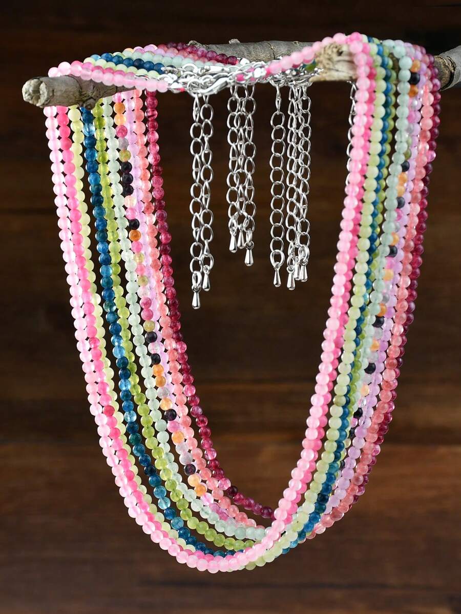 Collar de cuentas de piedras naturales elegante, collar hecho a mano con cuentas de cuarzo rosa y cuarzo de fresa, joyería de energía curativa y equilibrante de colores para mujeres