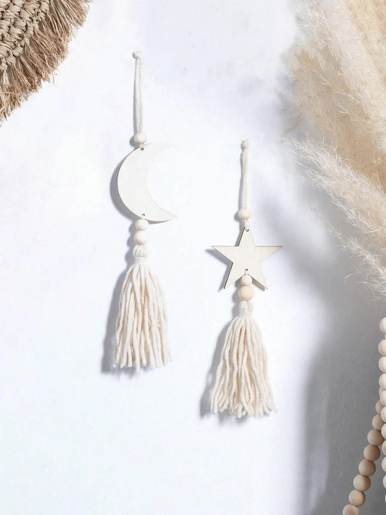 1 pieza de rebanada de madera decoración hecha a mano con estrella y luna de borlas, cuentas de madera para decoración del hogar, decoración de Ramadán