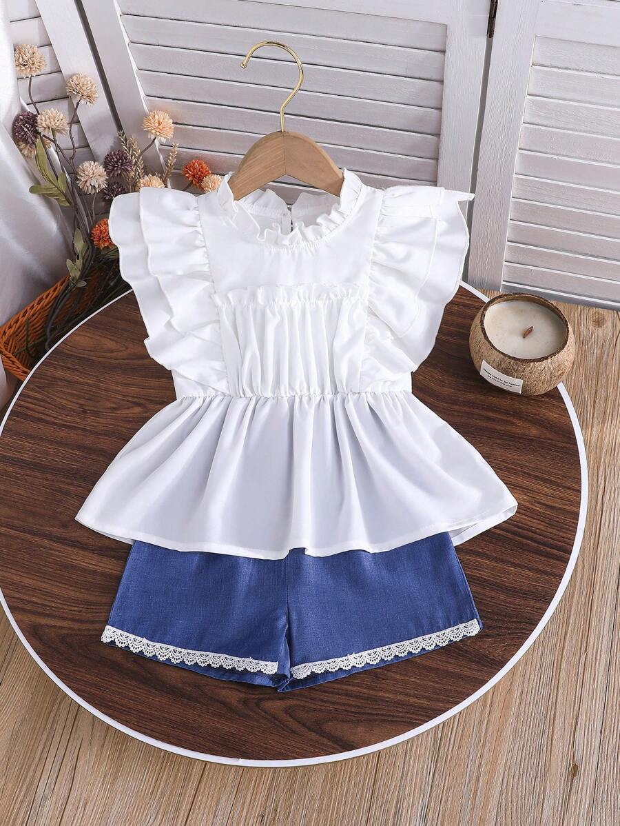 2pcs/Set Girls Fashion Elegant Ruffle Sleeve Round Neck Top And Floral Decorated Denim Effect Shorts Vacation Summer Set